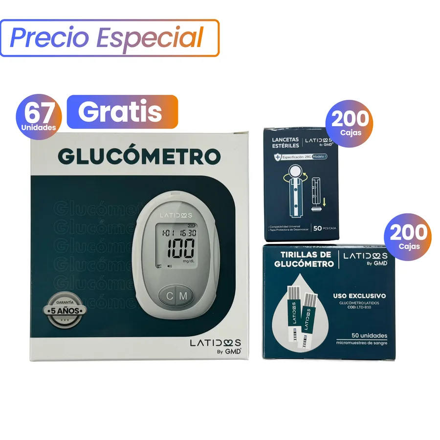 Combo 200 Cajas de Tirillas + 200 Cajas de Lancetas + 67 Glucómetros en obsequio