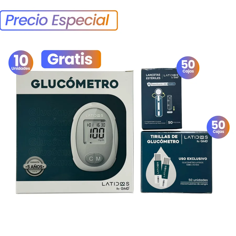 Combo 50 Cajas de Tirillas + 50 Cajas de Lancetas + 10 Glucómetros en obsequio