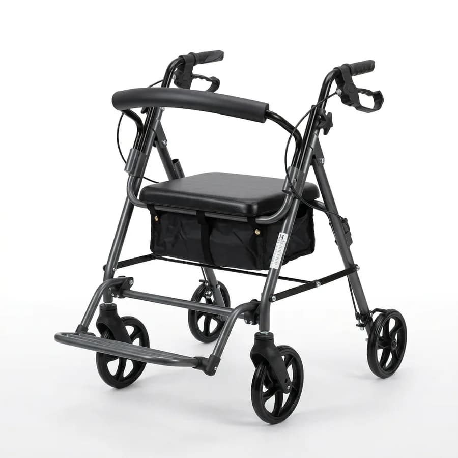 Caminador con ruedas Rollator en aluminio con reposapiés